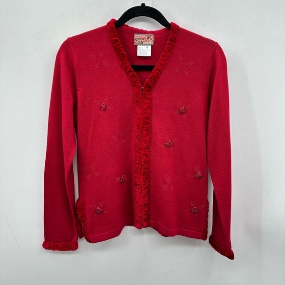 Y2K VINTAGE APRIL CORNELL S red embellished womans cottagecore wool cardigan - Picture 1 of 13